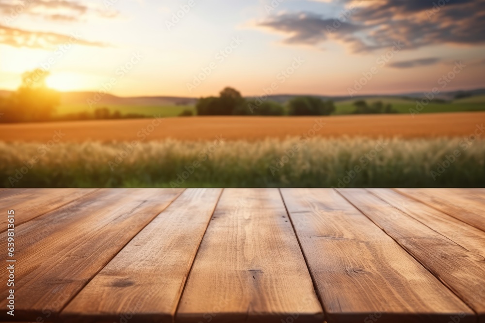 Wooden table in front of a golden wheat field at sunset. Wooden table in front of a golden wheat field at sunset.