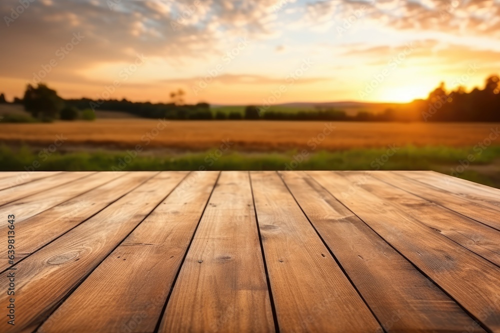 Wooden table in front of a golden wheat field at sunset. Wooden table in front of a golden wheat field at sunset.