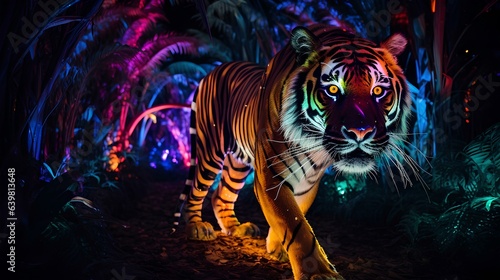 Tiger in the jungle is illuminated with neon light.
