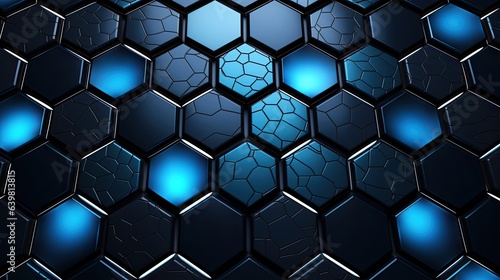 hexagonal modern pattern set in blue and black, in the style of uhd image, rim light, playful use of light and shadow, intel core, organic material, vibrant mosaic, tenwave 
