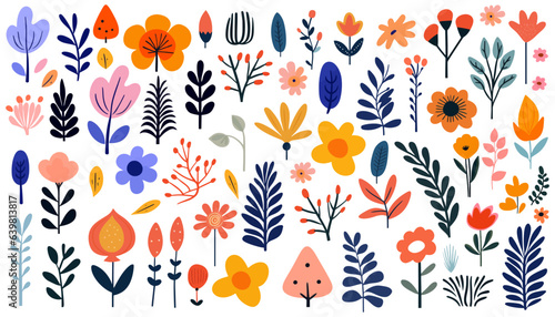 Hand drawn abstract wildflowers, set flowers and leaves, flat icons. Vector illustration