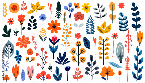 Hand drawn abstract wildflowers, set flowers and leaves, flat icons. Vector illustration