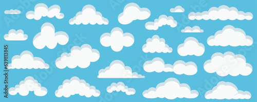 Clouds set isolated on a blue background. Simple cute cartoon design. Icon or logo collection. . Vector illustration