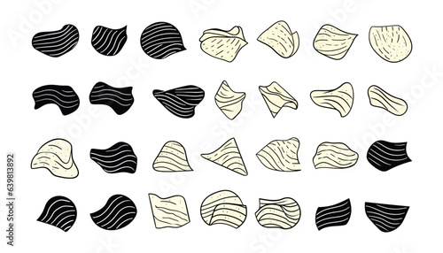 Flat potato chips. Set of fried crispy chips, wavy potato slices on white background. Vector illustration