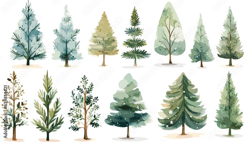 watercolor illustration set of chirstmas tree elements illustration. - obrazy, fototapety, plakaty 
