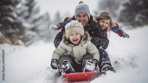 parent and children on sled