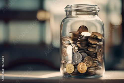 Monete nel salvadanaio su tavolo d'ufficio photo