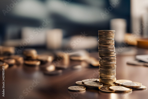 Stack of coins accumulated on office table photo