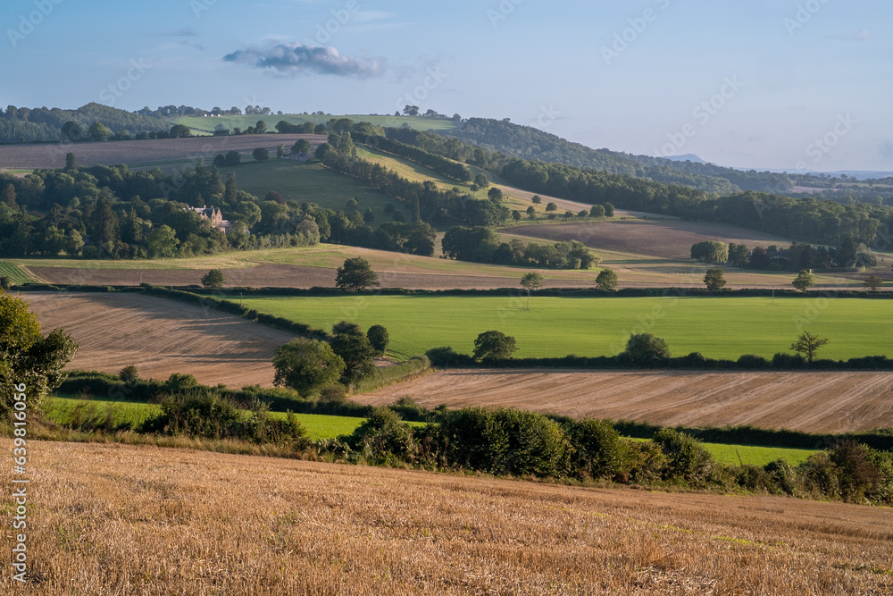 View over rolling english countryside at sunset in summer under blue sky with one cloud