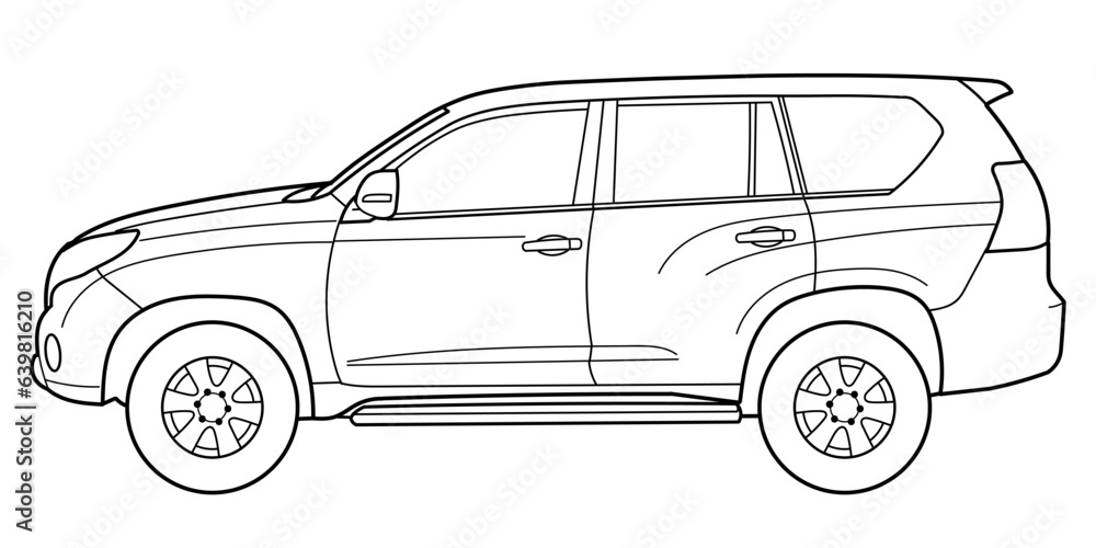 Classic luxury suv car. Crossover car front view shot. Outline doodle vector illustration. Design for print, coloring book	
