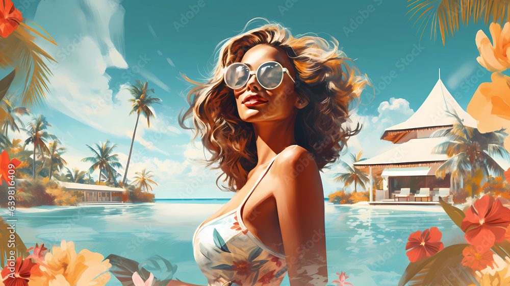 Illustration of a beautiful woman on vacation on a tropical island