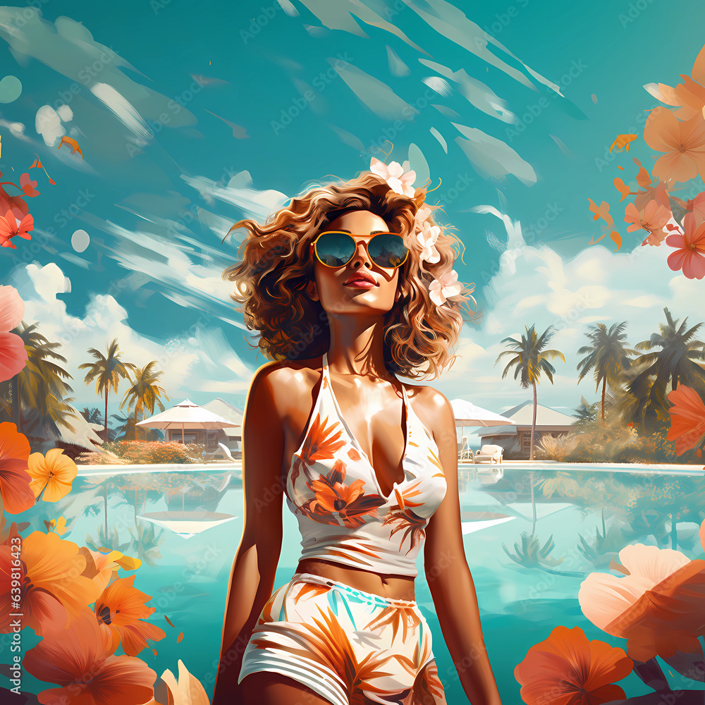 Illustration of a beautiful woman on vacation on a tropical island