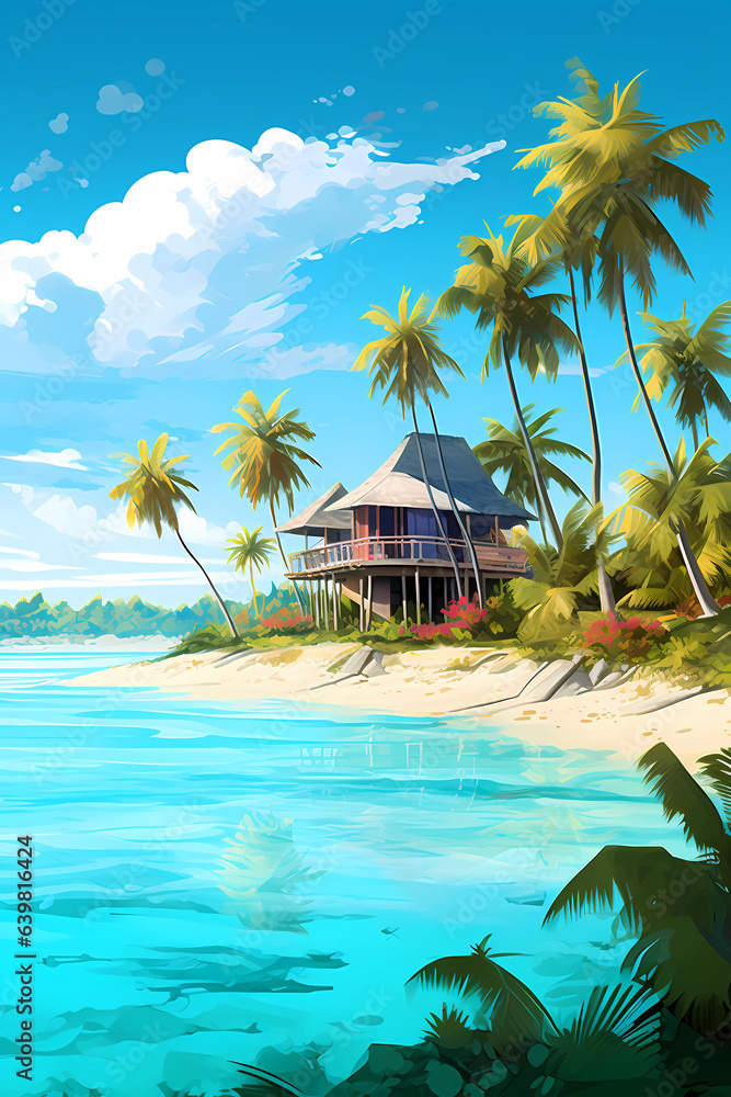 Illustration of a beautiful view of a tropical island