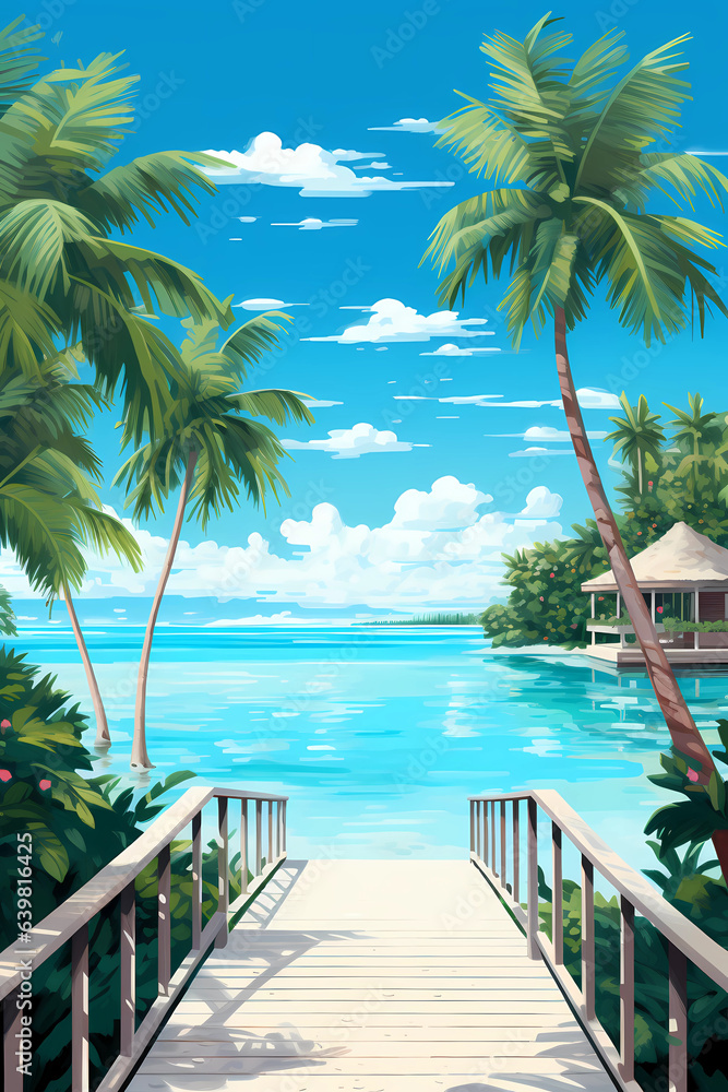 Illustration of a beautiful view of a tropical island