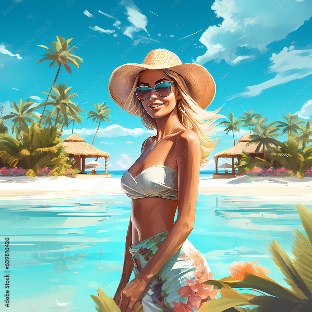 Illustration of a beautiful woman on vacation on a tropical island