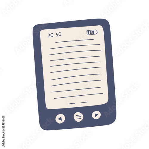 E-book screen with buttons and charge indicator. Simple hand drawn pocket book. Flat cartoon vector illustration isolated on a white background.