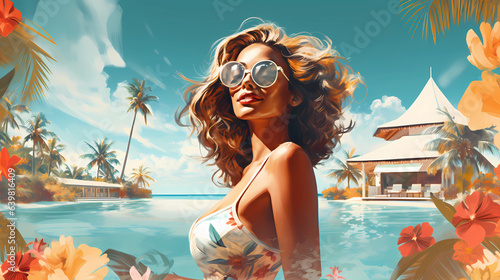 Obraz na płótnie Illustration of a beautiful woman on vacation on a tropical island w salonie