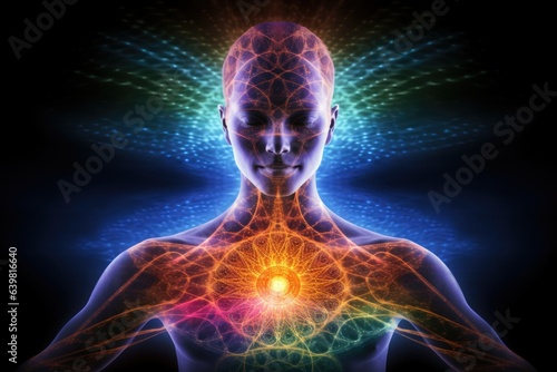 Mind Body Spirit Integration, holistic medicine approach. Mental, physical and spiritual elements of the self. Human in rainbow healing energy
