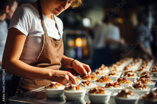 Talented female chef creating gourmet desserts in a dynamic commercial kitchen. Skillful dessert chef showcasing culinary expertise in crafting delicious sweets.