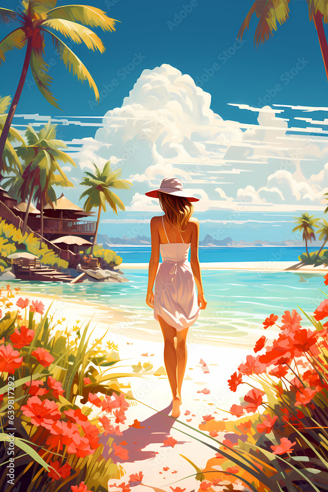Illustration of a beautiful woman on vacation on a tropical island