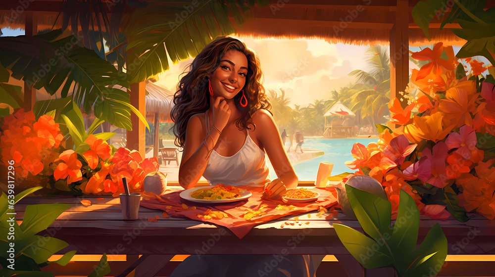 Illustration of a beautiful woman on vacation on a tropical island