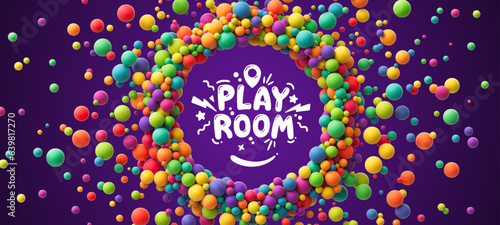 Circle frame banner with colorful balls in different sizes for play room or celebration. Abstract composition with multicolored flying spheres with empty place for your text. Vector illustration