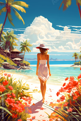 Obraz na płótnie Illustration of a beautiful woman on vacation on a tropical island w salonie