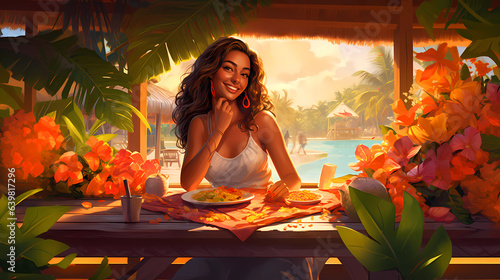 Obraz na płótnie Illustration of a beautiful woman on vacation on a tropical island w salonie