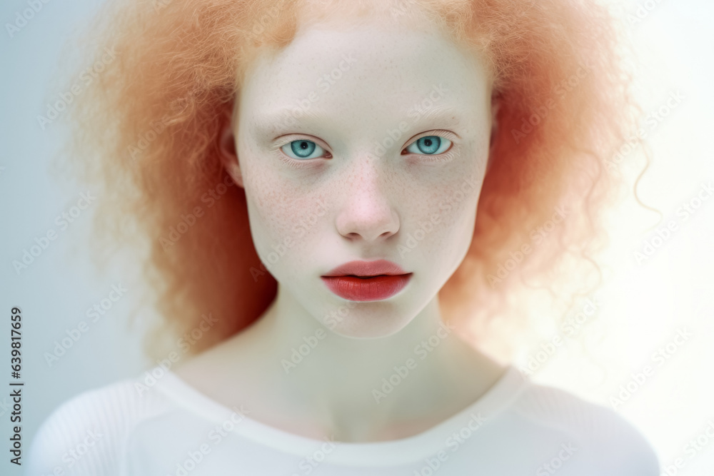 Portrait of beautiful young albino woman. Skincare, natural look, wellness, cosmetics concept. People diversity. Portrait of beautiful young albino woman. Skincare, natural look, wellness, cosmetics concept. People diversity.