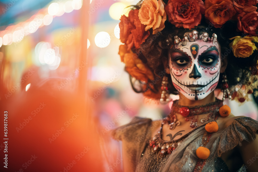 Close-up portrait of woman with Day of The Dead makeup and outfit. Dia De Los Muertos, La Calavera Catrina.