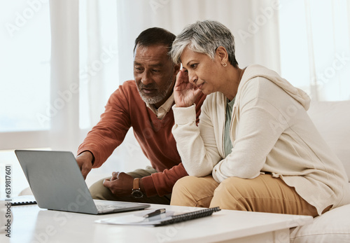 Frustrated senior couple, laptop and financial crisis in debt, mistake or discussion on expenses or bills at home. Mature man and woman in finance, struggle or stress in budget planning on computer