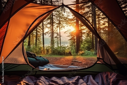 Camping tent in a nature hiking spot, view from inside to the outside