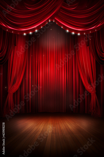 Red curtain on magic theatre stage, with spotlight show, with space for text