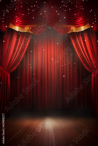 Red curtain on magic theatre stage, with spotlight show, with space for text