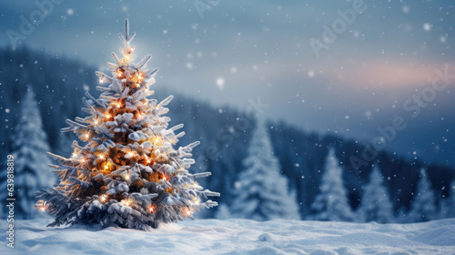 Christmas scene with a gift box and ribbon, candles, lights, baubles, balls and snow, generative AI.