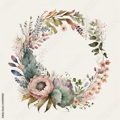  illustration featuring a floral wreath adorned with blooming flowers and lush foliage