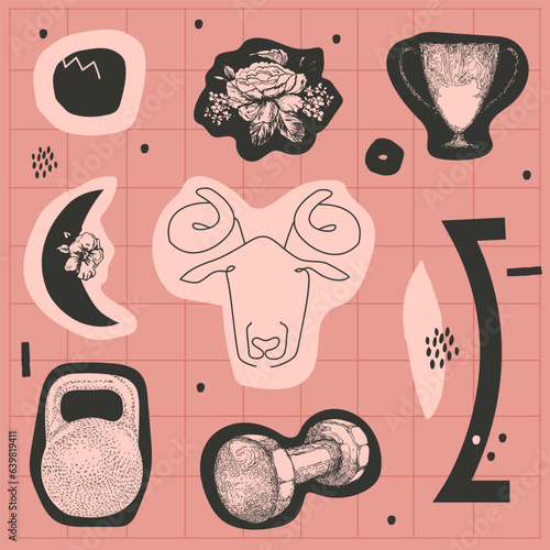 One line is the head of the Aries. Winner cup, athlete dumbbell and kettle bell, abstract and hand drawn shapes. A set of symbols that characterize the zodiac sign Aries. Stickers, horoscope, calendar