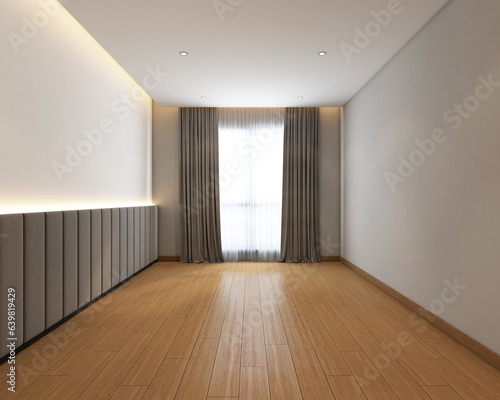 Modern minimalist style empty room decorated with upholstered wall panels and white wall paint, wood floor and window curtain. 3d rendering