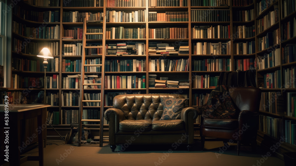 Bookshelves in the library. Large bookcase with lots of books. Sofa in the room for reading books. Library or shop with bookcases. Cozy book background. Bookish, bookstore, bookshop. High quality. Bookshelves in the library. Large bookcase with lots of books. Sofa in the room for reading books. Library or shop with bookcases. Cozy book background. Bookish, bookstore, bookshop. High quality.