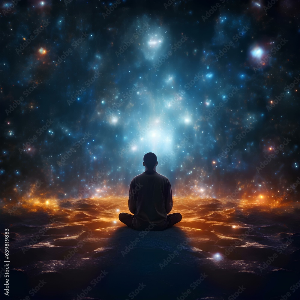 a meditator with a beautiful aura of spiritual contemplation in connection to the universe, chakra, generative AI
