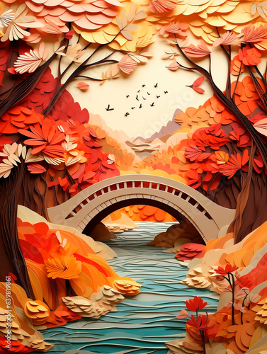 Autumn landscape with bridge and river. paper cut style.