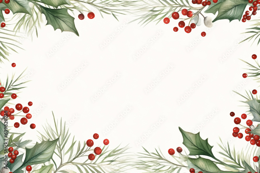 Christmas style border.  Xmas themed border around a white rectangle with fruits and holly leaves.