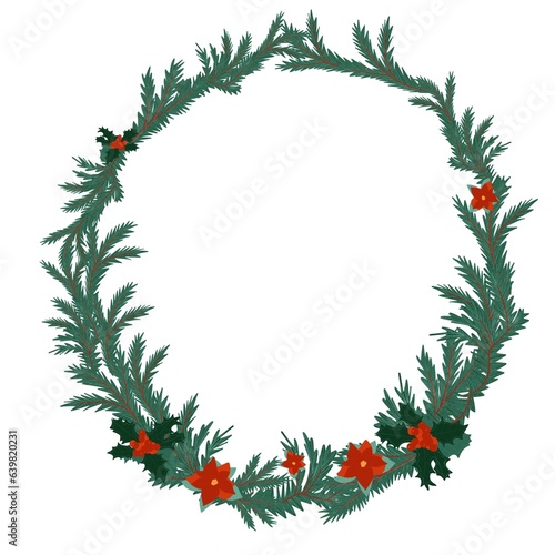 New Year's wreath. Greeting card. Flowers, Christmas tree, Christmas