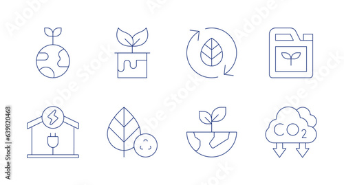 Ecology icons. Editable stroke. Containing eco friendly, dye, leaf, biofuel, eco house, recycling, plant, carbon dioxide.