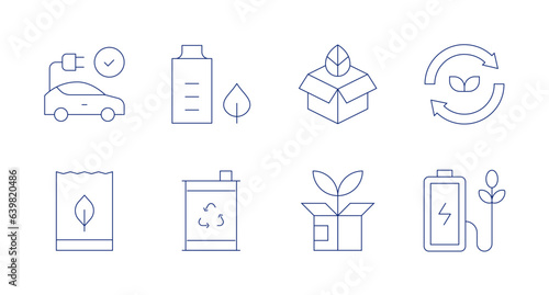 Ecology icons. Editable stroke. Containing electric car, eco battery, box, ecology, eco packaging, bio, green logistics.