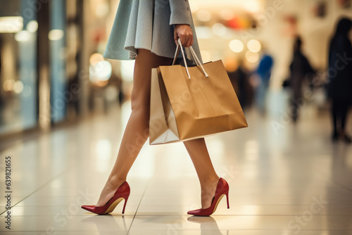 woman shopping carrying shopping bags, detail of legs and bags