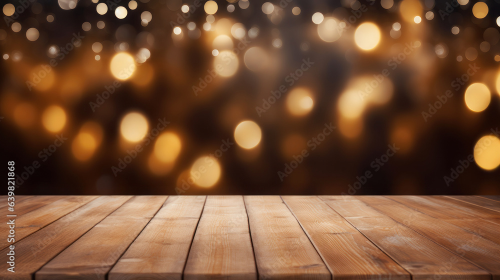 A front view of empty brown wooden floor, copy space for display of product, abstract night light, blank wood table mockup. Generative AI A front view of empty brown wooden floor, copy space for display of product, abstract night light, blank wood table mockup. Generative AI