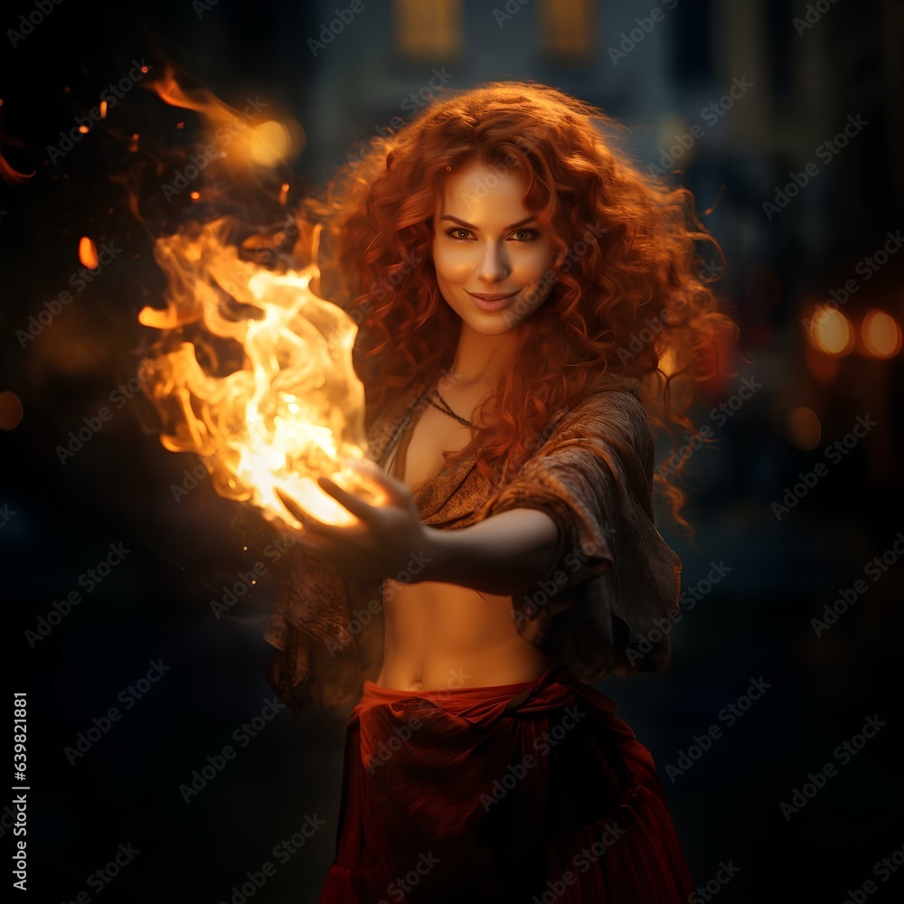 A red-haired female magician in a dress with a crazy and attractive charming smile holds a fire in her hand.