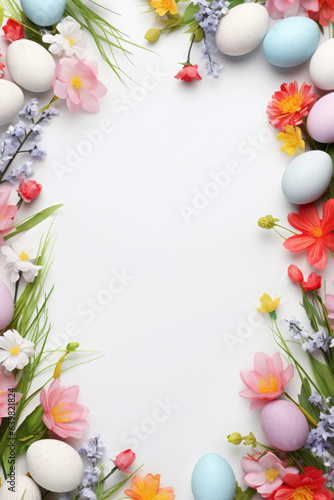 Easter greeting card, with Easter eggs and flowers, with space for text