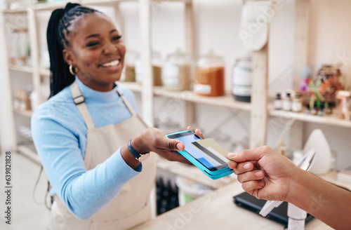 Sustainable shop, cashier and credit card tap with store, woman and electronic transaction with small business. Worker smile, entrepreneur and happy African person with retail employee and shopping